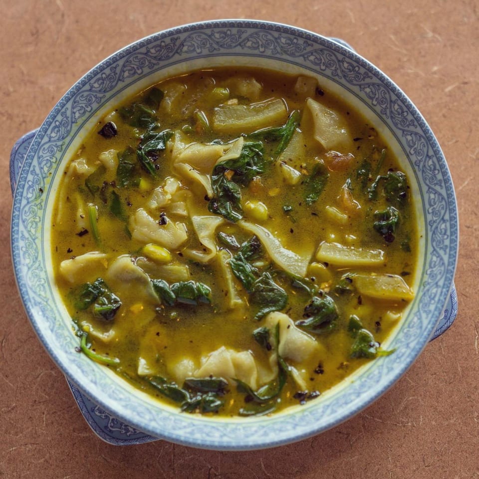 A bowl of Gorkha Palace Indian Cuisine's Thukpa soup with noodles, spinach, and vegetables.