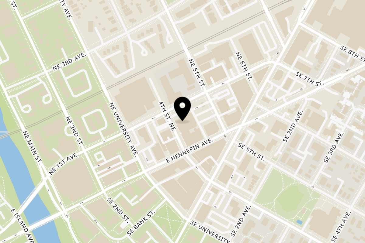 Map showing the location of Gorkha Palace Indian Cuisine on 23 4th St NE in Minneapolis